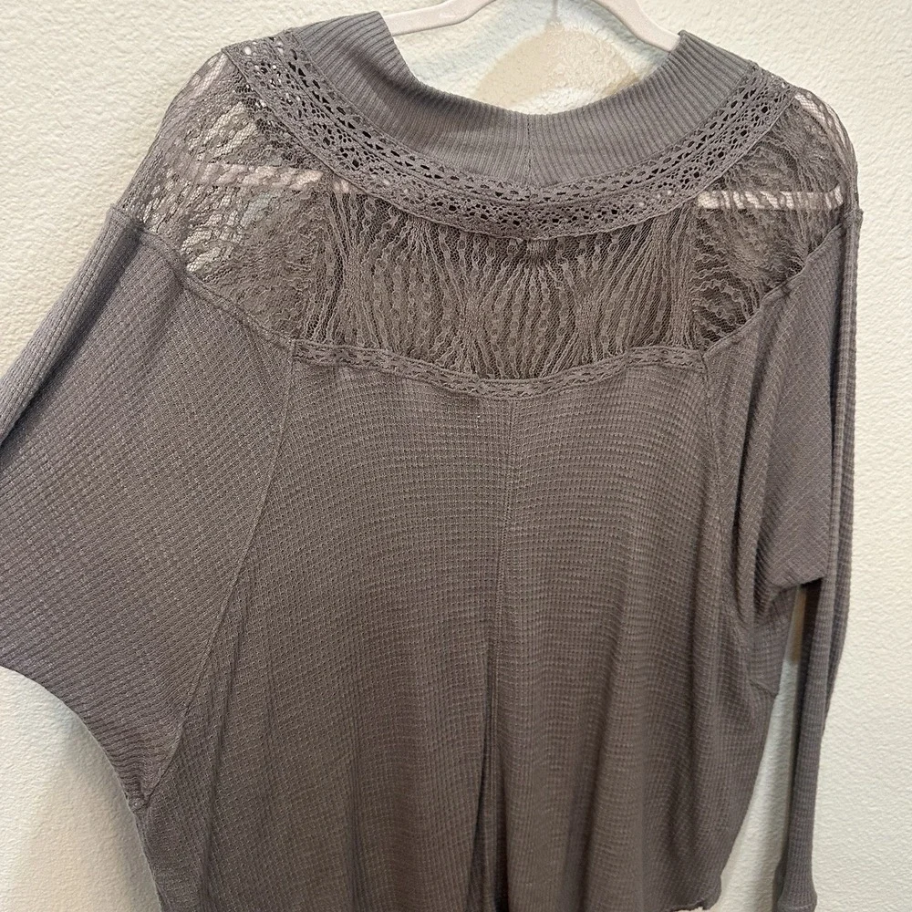 Free People Spring Valley Thermal Top Taupe Lace Waffle Knit S Boho Casual Comfy
